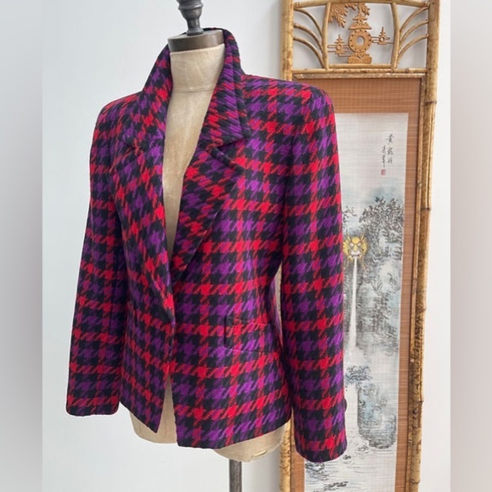 Vintage Albert Nipon Wool Houndstooth Blazer Purp… - image 3